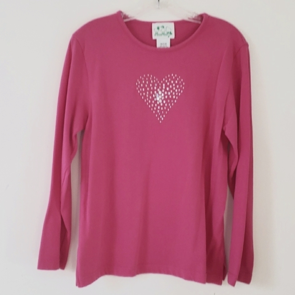 Quacker Factory Women's Pink with embellished heart Soft Knit Long Sleeve Top, M